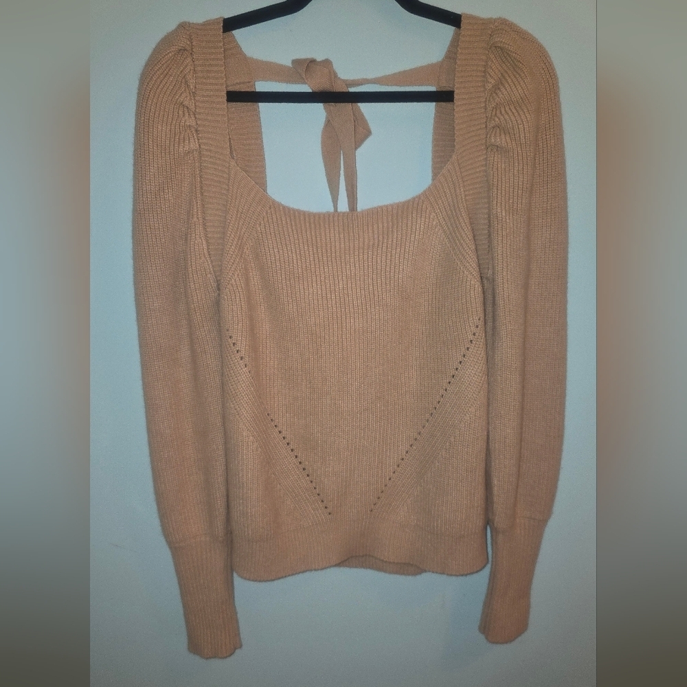 Wayf Puff Sleeve Square Neck Tan Sweater With Tie Back